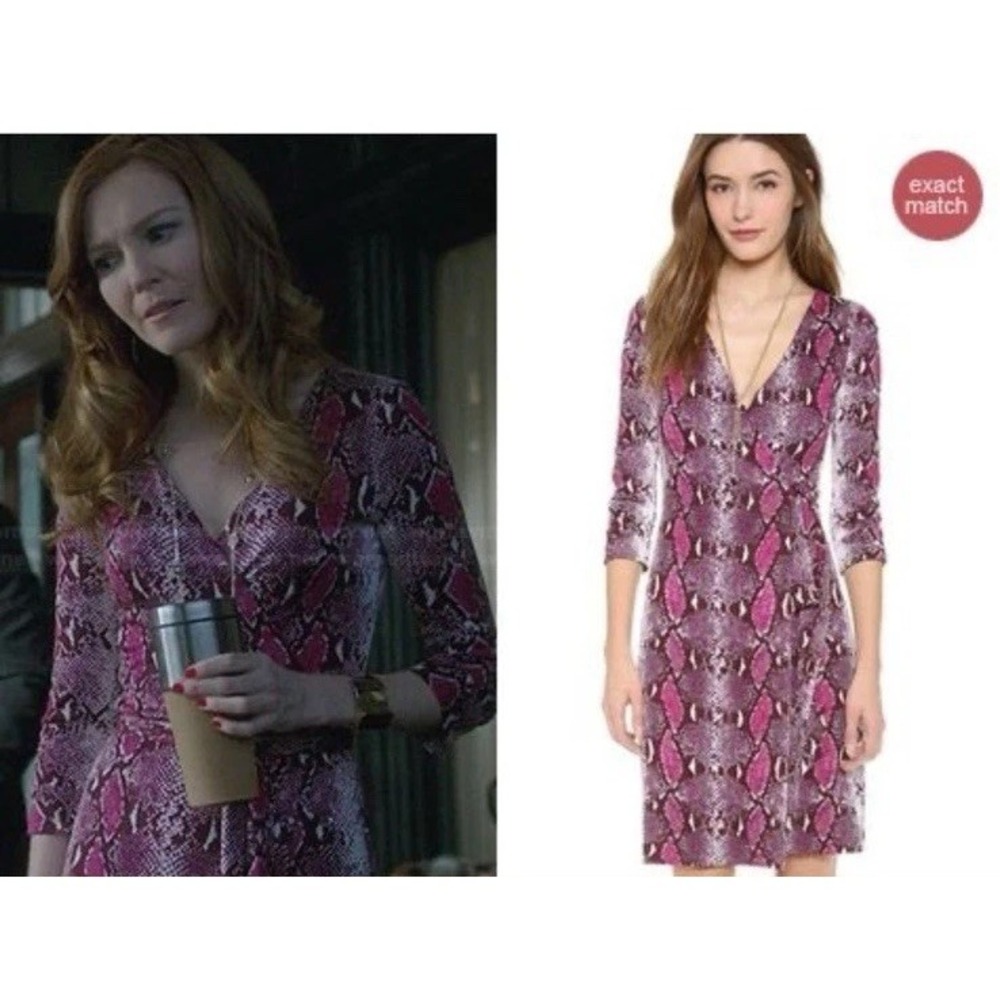 DIANE von FURSTENBERG Silk Julian Wrap Dress Python Ribbon‎ Pink Sz 2 Snakeskin